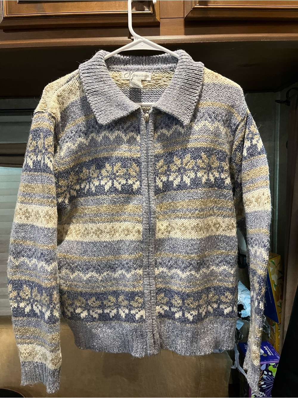 VTG Dressbarn Fair Isle Full Zip Cardigan Sweater Blue Beige Boho Cottagecore L